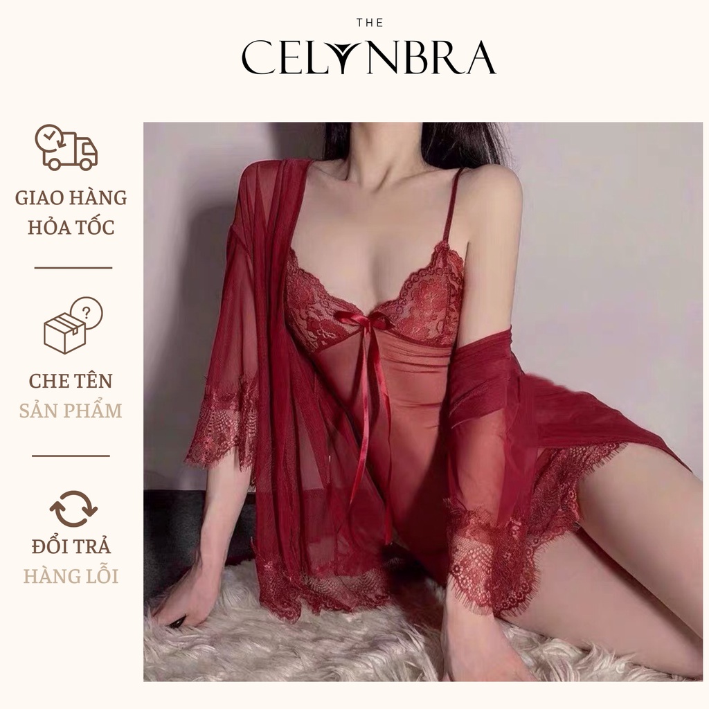 Váy ngủ sexy kèm choàng voan mỏng xuyên thấu không đệm ngực THE CELYNBRA - V23