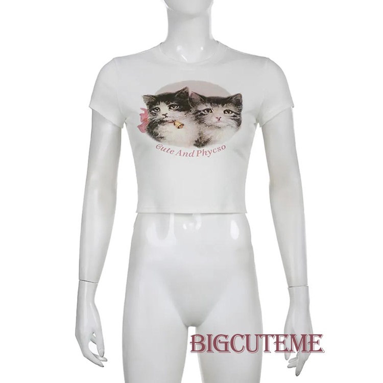 Áo Crop Top Tay Ngắn In Hình Mèo Y2K Phong Cách Cổ Điển Thập Niên 90
