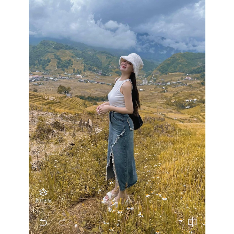 Chân Váy Jeans Nữ Lưng Cao Tua Viền Chiều Dài Qua Gối Chất Vãi Dày Dặn