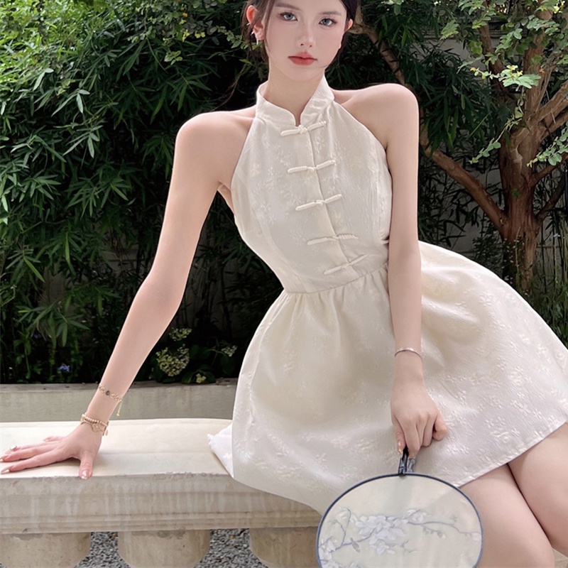 IELGY Đầm Trắng Không Tay Nhấn Eo Phong Cách retro Dành Cho Nữ