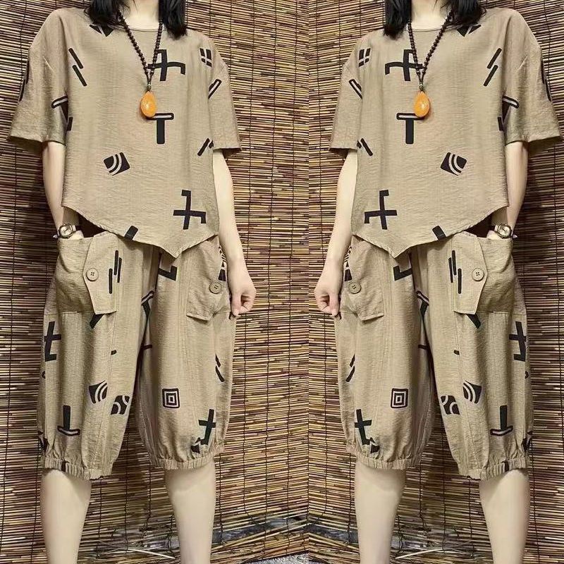 Bộ Áo Thun Cotton Lanh Ngắn Tay + Quần Đùi Ống Rộng Thời Trang Mùa Hè Cho Nữ