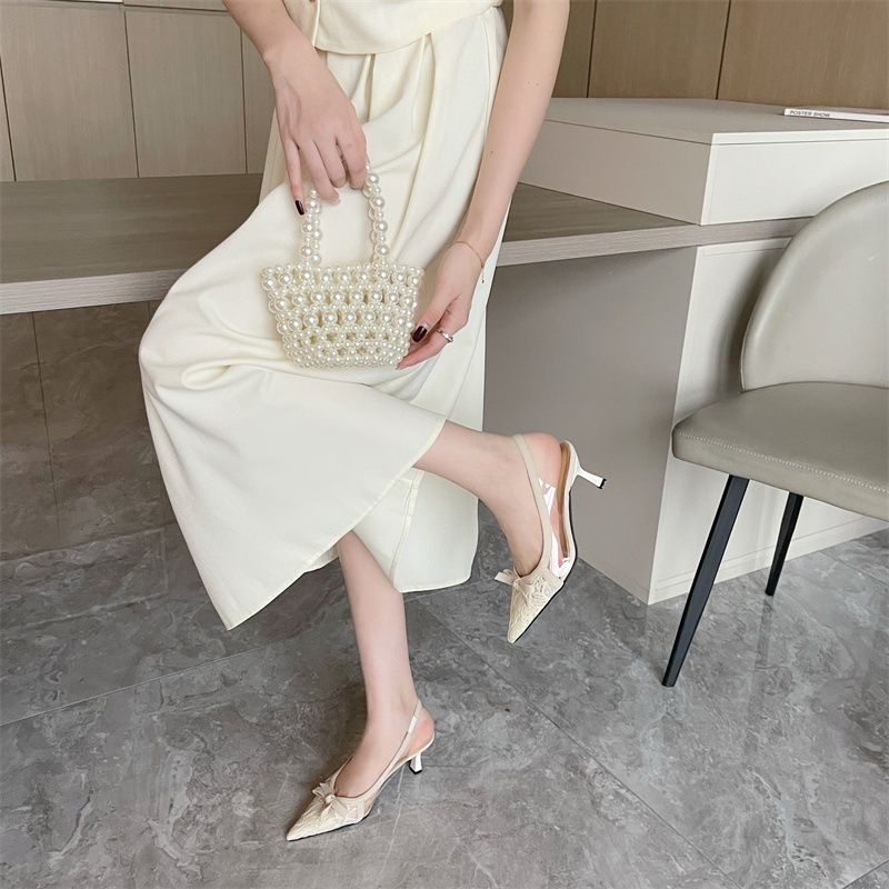 Giày Cao Gót Mũi Nhọn Phối Ren Đính Nơ Thời Trang 2023 Cho Nữ