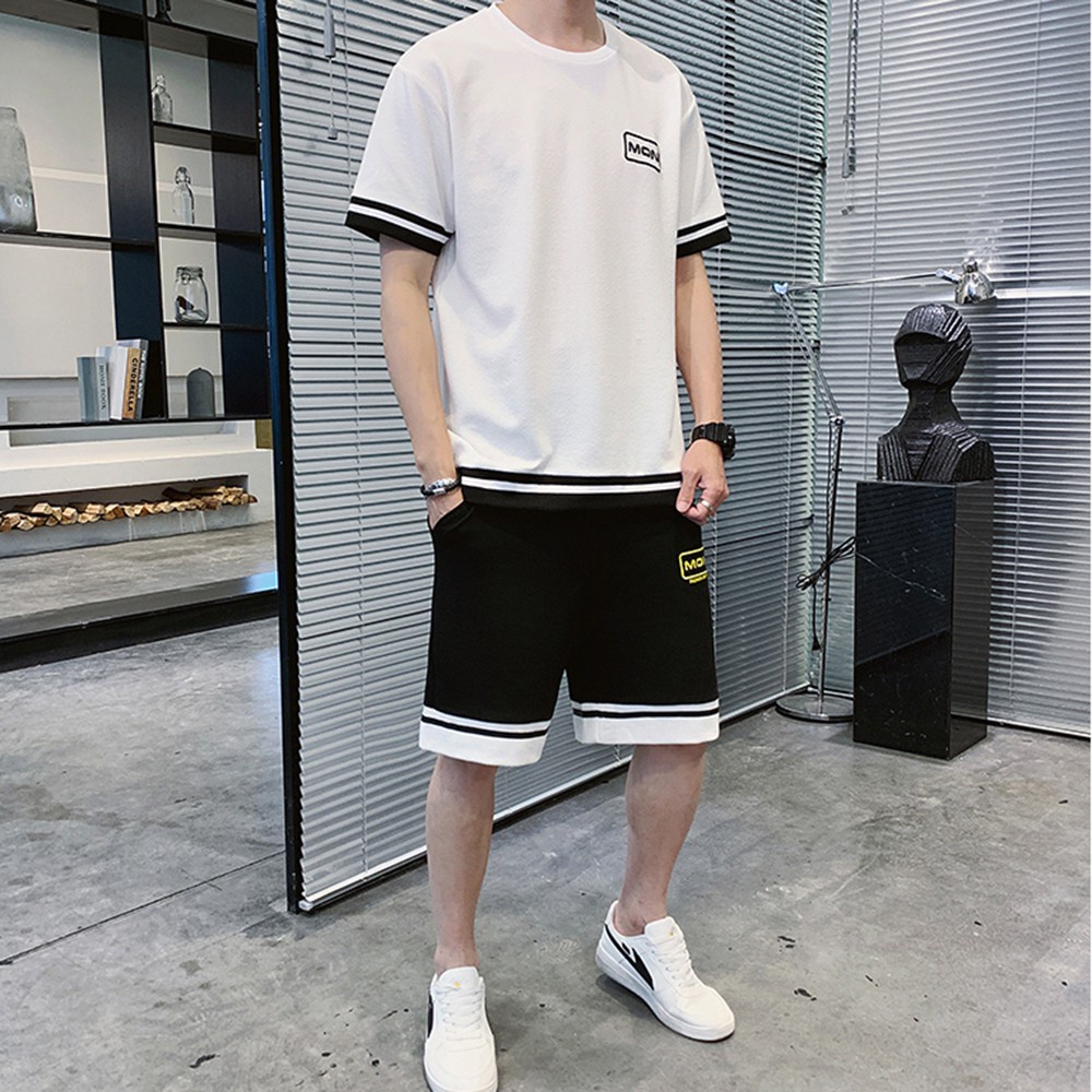 Bộ Đồ Thun Nam Phối Viền Áo Ngắn Tay Cổ Tròn Kết Hợp Quần Short Đùi Thể Thao sozo SET NAM 90000161C
