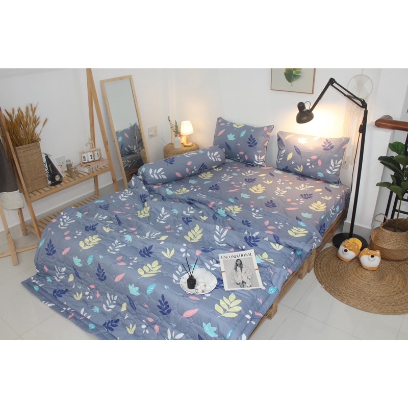 Drap cotton 100% , ga trải giường cao cấp chuẩn LOGO CTY mẫu hoa lá xám