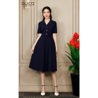 Đầm xòe công sở thêu chỉ nổi guco 4516 xanh đen