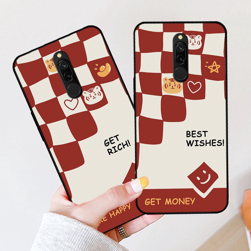 Ốp lưng Xiaomi Redmi 8 in hình caro đỏ, thỏ hồng may mắn, lovely rabbit