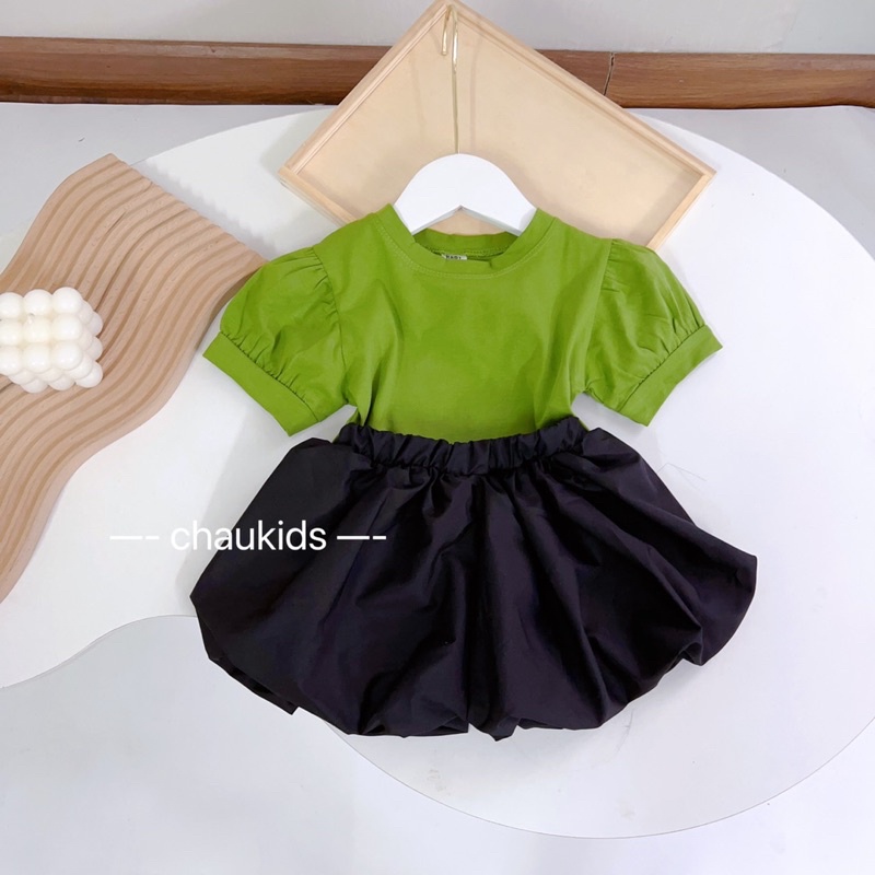 Bộ áo xanh + quần đen bồng cho bé gái