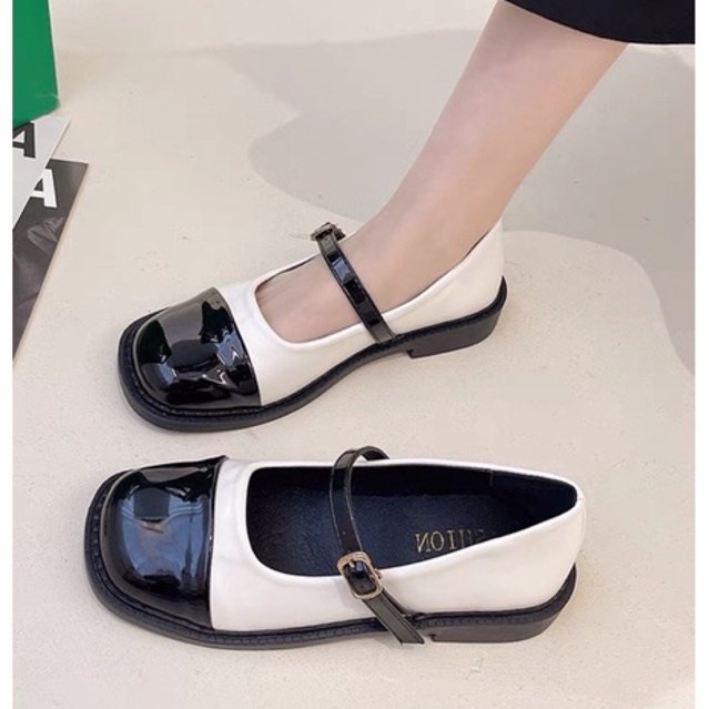 Giày búp bê nữ đế bệt quai cài Mũi Vuông vá Đen cao cấp