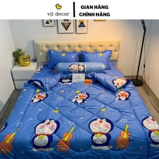 Bộ 5 món chăn phao doraemon cotton poly, set 5 món chăn phao doremon miễn phí bo chun ga giường