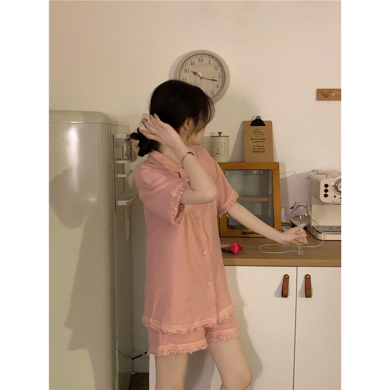 Bộ Đồ Ngủ Mỏng Ngắn Tay Dáng Rộng Màu Hồng Phong Cách Mới Ngọt Ngào Cho Nữ