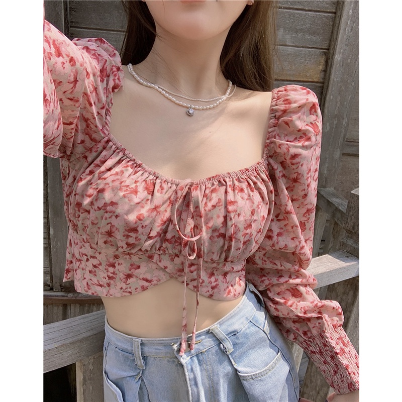 Áo Sơ Mi chiffon Tay Dài Dáng Ôm In Hoa Kiểu vintage Hàn Quốc Xinh Xắn Cho Nữ