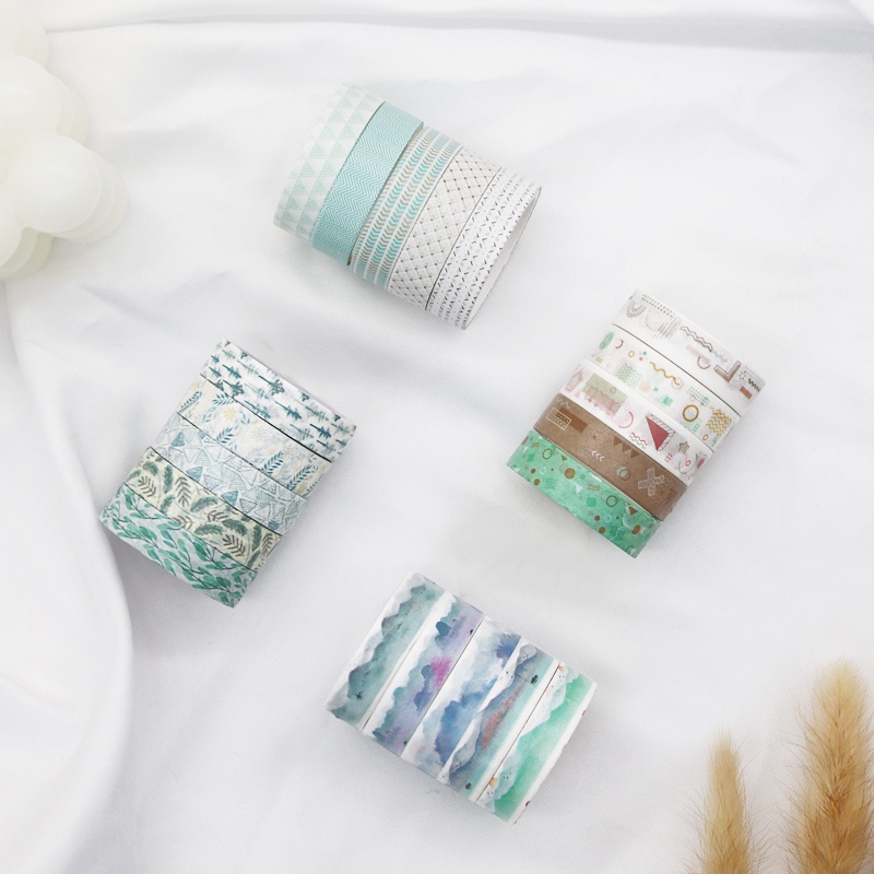 Set 5 Cuộn Băng Keo Họa Tiết Hình Học Retro Trang Trí Sổ Tay / Nhật Ký DIY