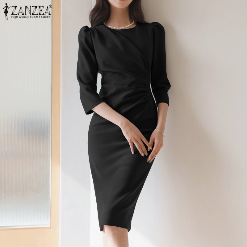 Đầm công sở ZANZEA tay 3/ 4 có khóa kéo thời trang cho nữ