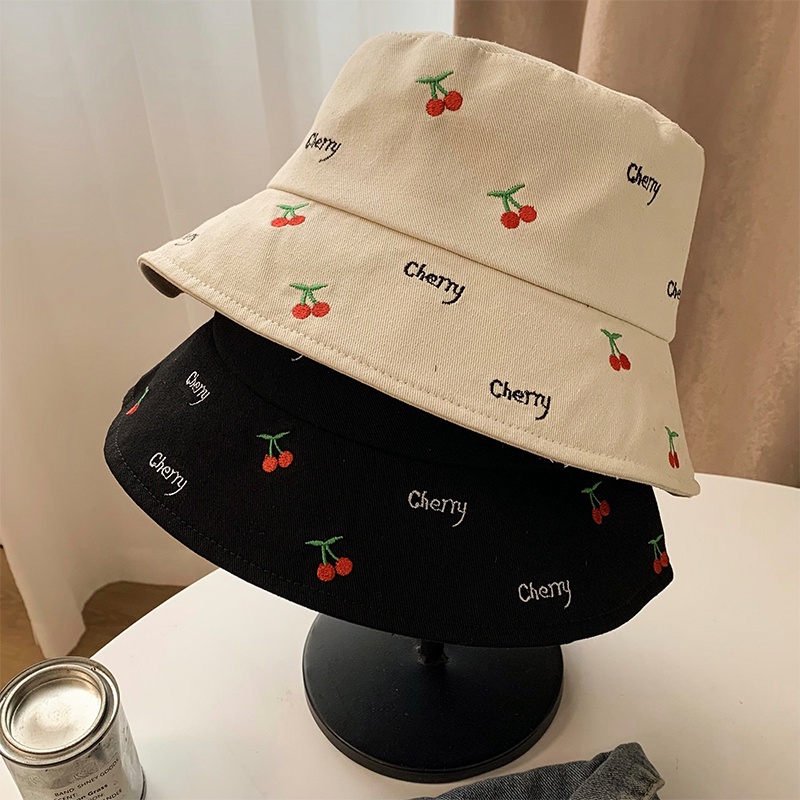 HMH®Mũ bucket vành ngắn thêu hoạ tiết anh đào cherry dễ thương chống nắng dành cho nữ
