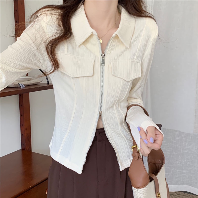 Áo kiểu BH dài tay cổ gập đôi phối khóa kéo thời trang cho nữ