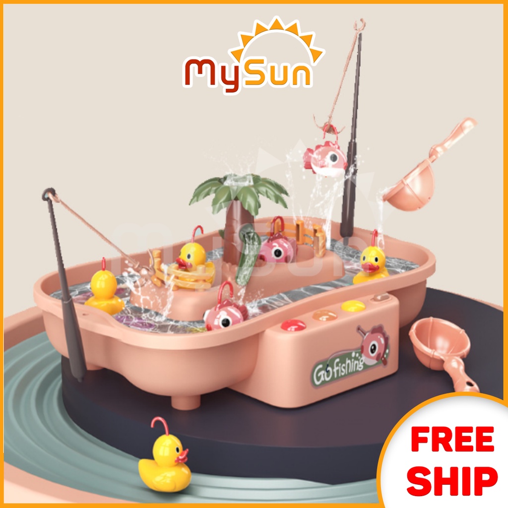 Bể câu cá đồ chơi NHẠC NƯỚC trẻ em | Bộ đồ chơi câu Cá - Vịt cho bé bằng gỗ nhựa ABS 2 tầng, tặng free PIN - MYSUN