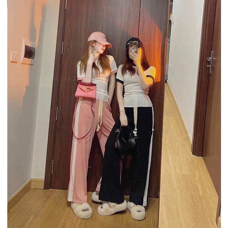 Set bộ thun tăm gắn tay quần dáng suông quần Cullotes dây rút Áo thun tăm cổ tròn ngắn tay 4 màu