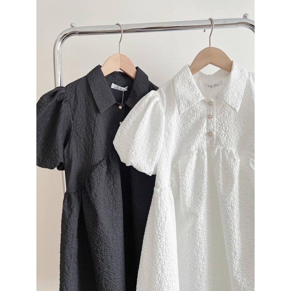 Váy babydoll tay bồng cúc ngọc cổ sơ mi dáng xòe chất xốp 2 lớp siêu xinh