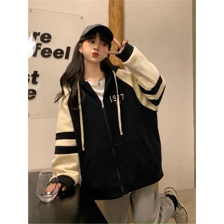 Áo Khoác Nữ Dây Khóa Kéo 1977 Vải Nỉ Dày Mịn Có Nớn Lớn pjoois Sọc Tay Siêu Hot NEW UNISEX