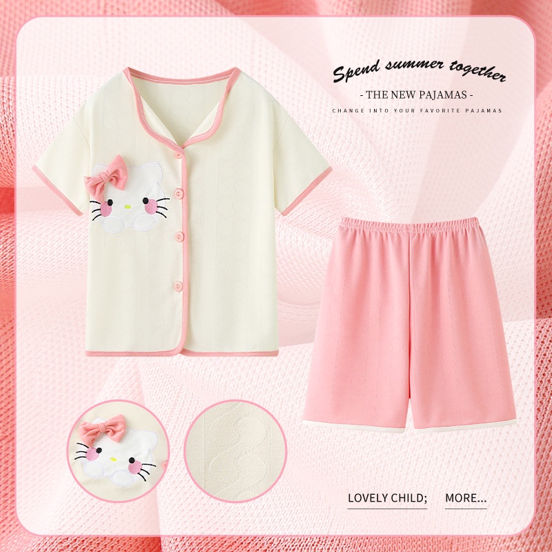 Bộ Đồ Ngủ Tay Ngắn Chất Liệu Cotton Mỏng Thoáng Khí Họa Tiết Hoạt Hình Phong Cách Hàn Quốc Xinh Xắn Cho Bé Gái 1-18 Tuổi