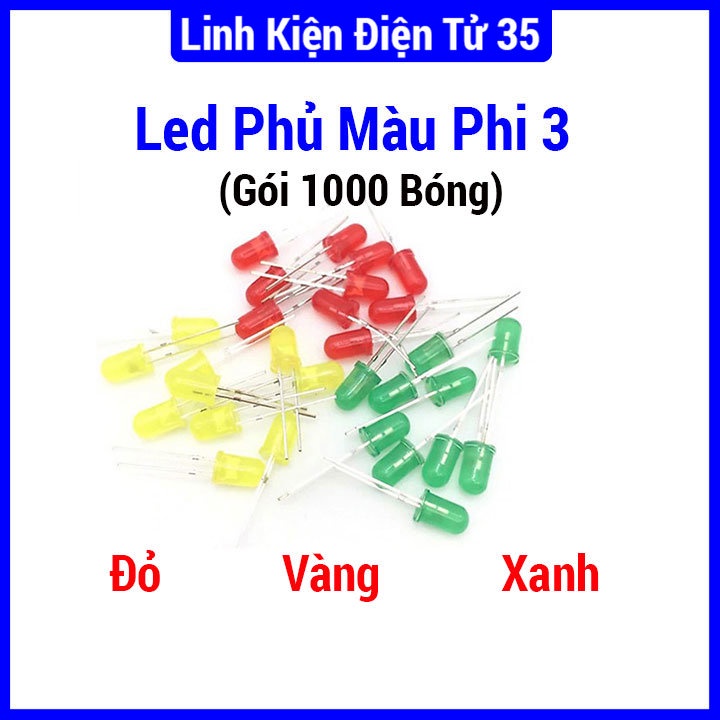 Gói 1000 Led phủ màu phi 3 bóng chân dài ánh sáng màu đỏ, xanh lá, vàng
