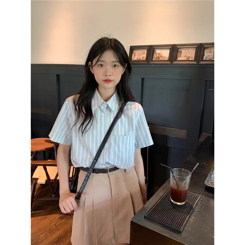 SUXI Áo Sơ Mi Tay Ngắn Dáng Rộng Họa Tiết Kẻ Sọc Thời Trang Mùa Hè Dễ Phối Đồ Cho Nữ