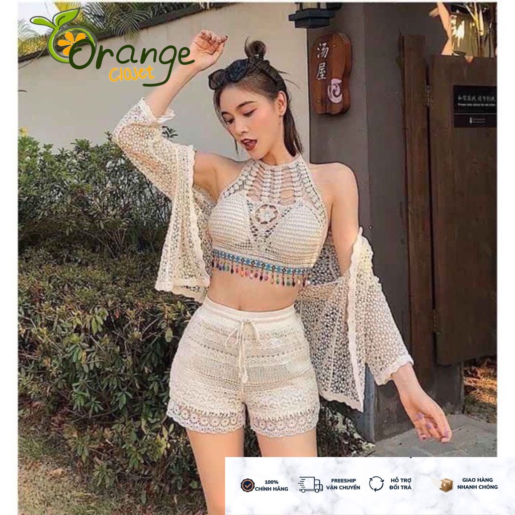 Bikini Len Móc Đi Biển 3 Món Có Bán Rời Bra Đính Hạt Quần Khoác Choàng Đồ Bơi Đồ Đi Biển Kín Đáo