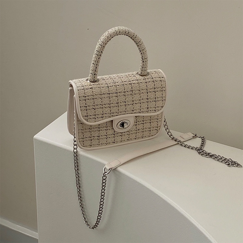 MISCHA Túi Xách Đeo Vai Hình Vuông Bằng Vải Bạt Nhỏ Nhắn Sọc Caro Màu Tương Phản Thời Trang Phong Cách Pháp Cho Nữ