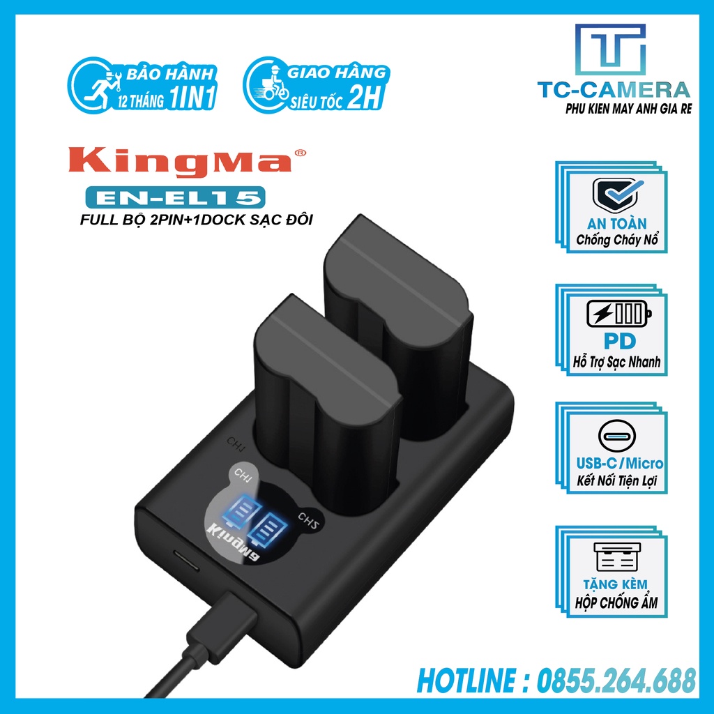 BỘ PIN SẠC MÁY ẢNH NIKON EN-EL15 HIỆU KINGMA (BẢN MỚI TẶNG KÈM HỘP CHỐNG ẨM). BH 12 THÁNG