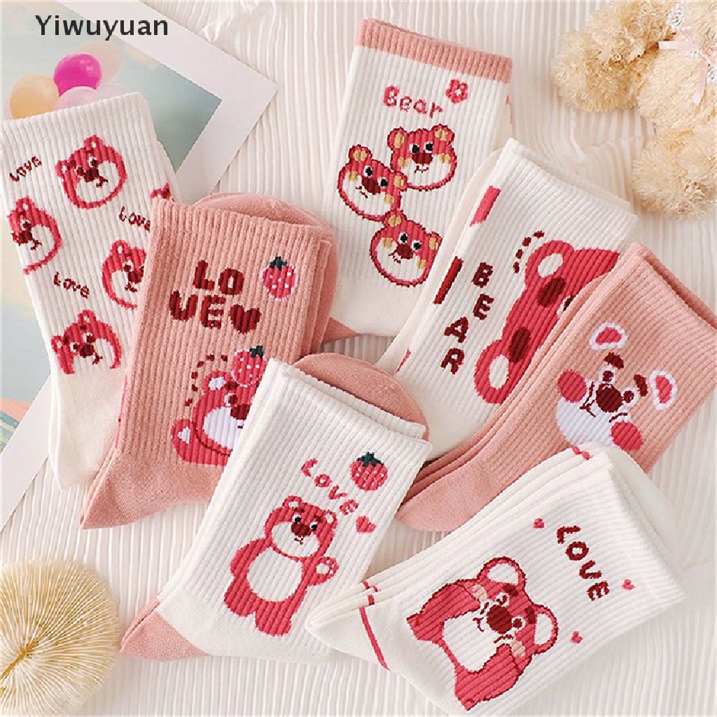 &lt; Yiwuyuan &gt; Vớ Ống Lửng Họa Tiết Gấu Dâu Tây Hoạt Hình Phong Cách Hàn Quốc Dễ Thương Hợp Thời Trang