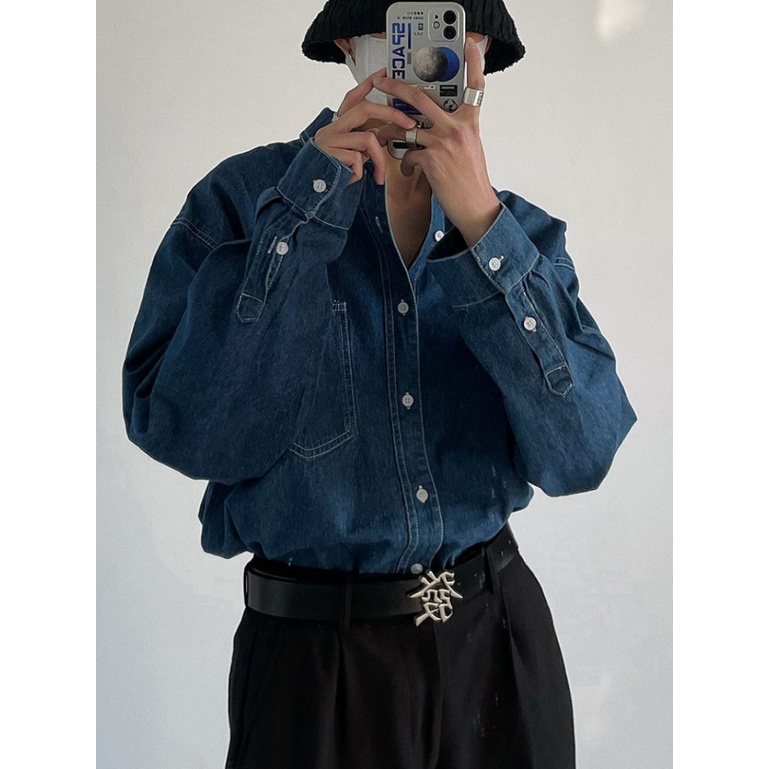 Áo Sơ Mi Denim Tay Dài Dáng Rộng Phong Cách Retro Đường Phố Hàn Quốc Nhật Bản Cao Cấp Dành Cho Nam