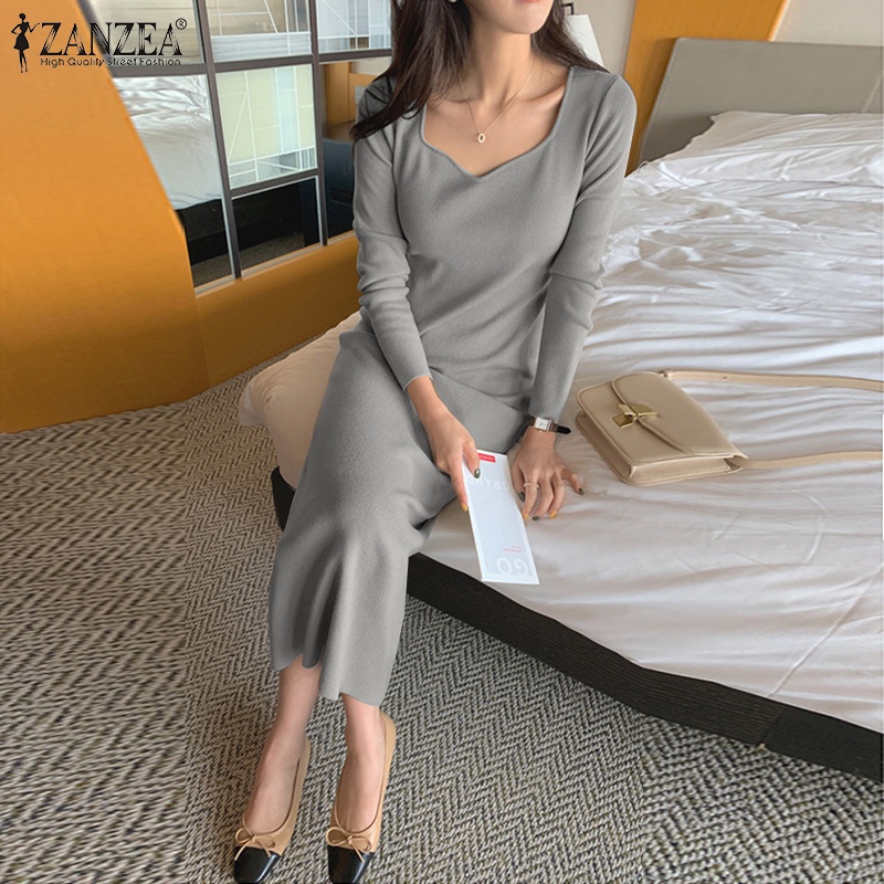 Đầm len nữ ZANZEA dài tay thời trang Hàn Quốc