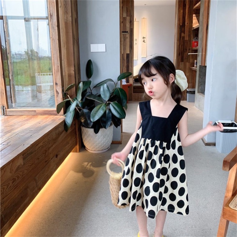 Đầm Hai Dây Họa Tiết Chấm Bi Phong Cách Hàn Quốc Thời Trang Mùa Hè Xinh Xắn Cho Bé Gái