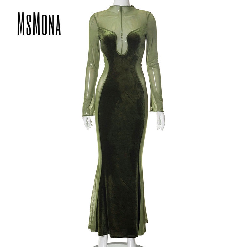 MsMona Đầm Maxi Tay DàI MàU Trơn ThờI Trang 2023