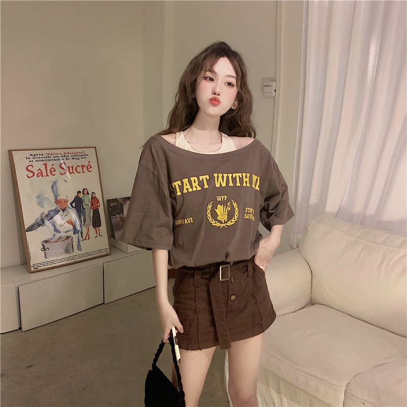 Áo thun SUXI ngắn tay trễ vai dáng rộng thời trang mùa hè dành cho nữ