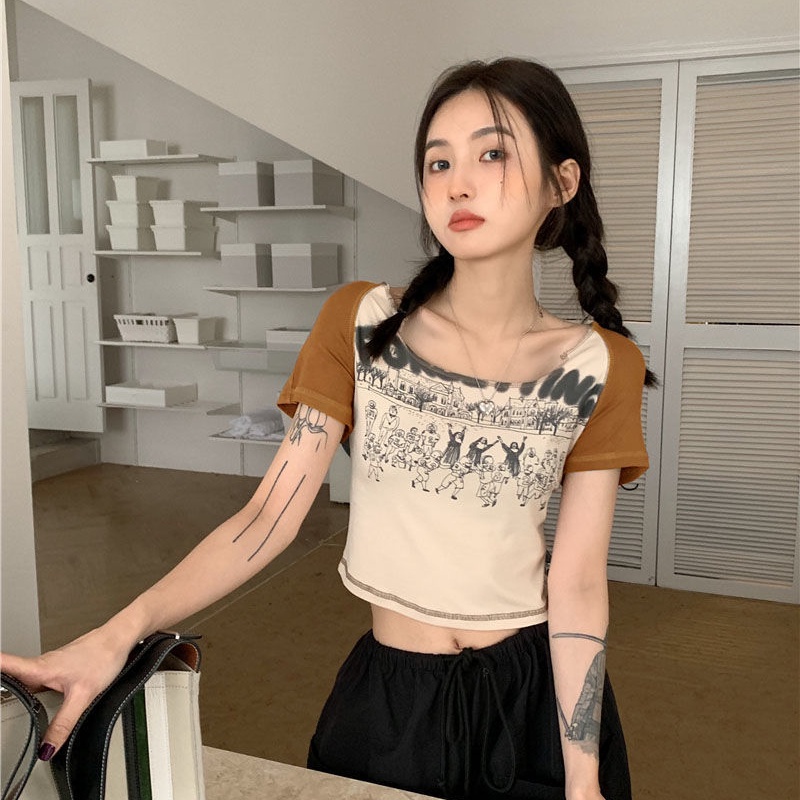 COZOK Áo Thun Ngắn Tay Dáng Ôm In Họa Tiết Kiểu vintage Cá Tính