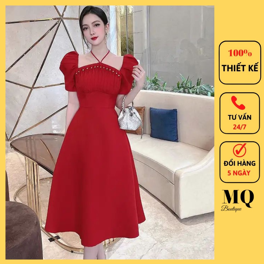 Váy thiết kế xòe cổ vuông đính hạt xếp li ngực tay bồng sang trọng dự tiệc cao cấp, đầm thiết kế MQ Boutique cao cấp