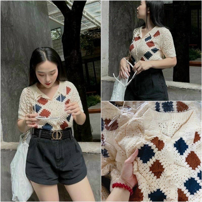 Áo croptop len dệt kim họa tiết thổ cẩm hình thoi cổ bẻ cài khuy màu trắng màu be