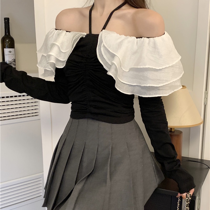 Áo sơ mi SUXI tay dài phồng trễ vai dáng ôm thời trang mùa xuân xinh xắn cho nữ