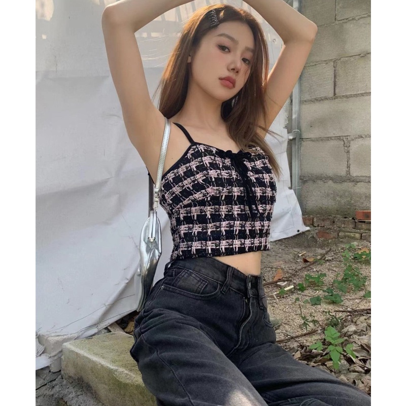 Áo Hai Dây Họa Tiết Sọc Caro Thời Trang Quyến Rũ Cho Nữ