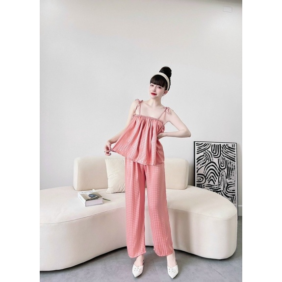 Set Bộ Gấm Xước Ánh Kim Áo Dây Thắt Tít Babydoll Quần Ống Rộng. Freesize 40-60kg ảnh thật