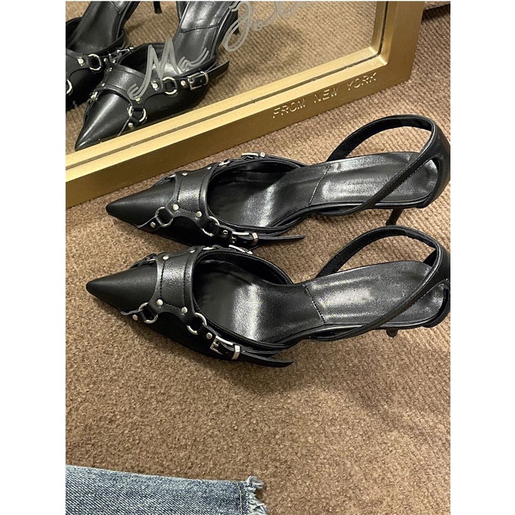 Internet celebrity European and American rivets buckle with stiletto high heels women's sexy black pointed shallow-cut hollow-out shoes EXDU