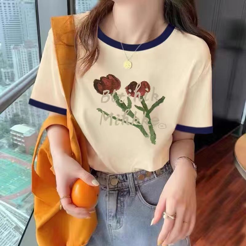 Áo Thun 100% Cotton Tay Ngắn Dáng Rộng Màu Kem Tương Phản Thời Trang Mùa Hè Hàng Mới 2023 Dành Cho Bạn Nữ