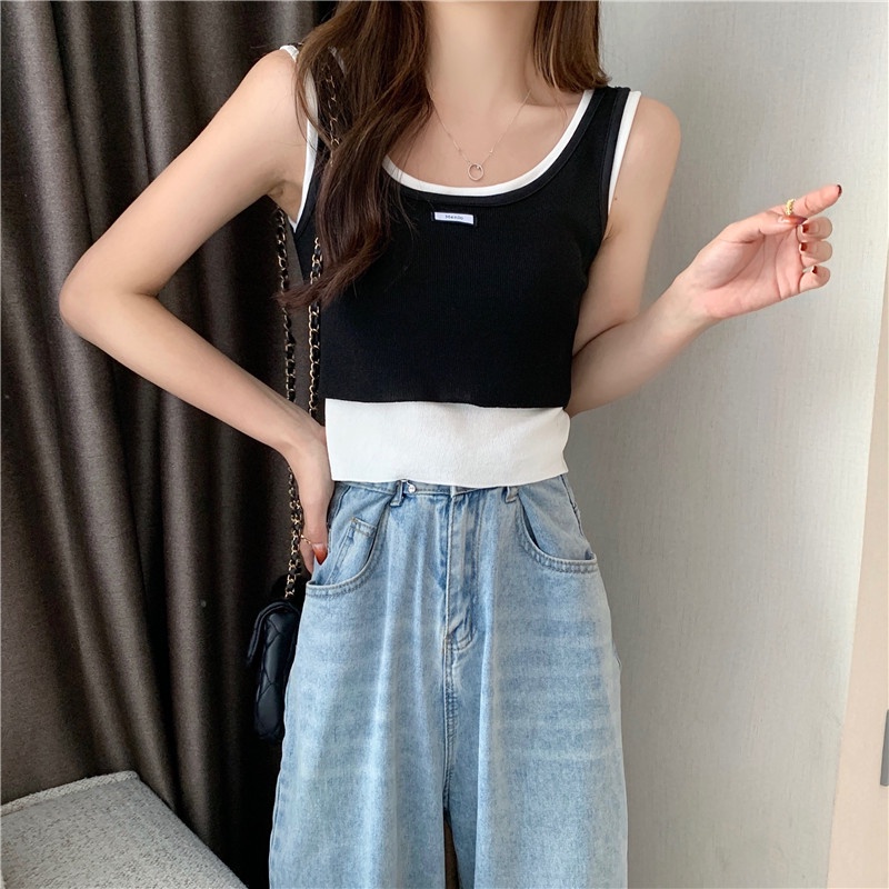 Áo Len Không Tay Giả Hai Lớp Màu Sắc Tương Phản Thời Trang Mùa Hè Phong Cách Hàn Quốc