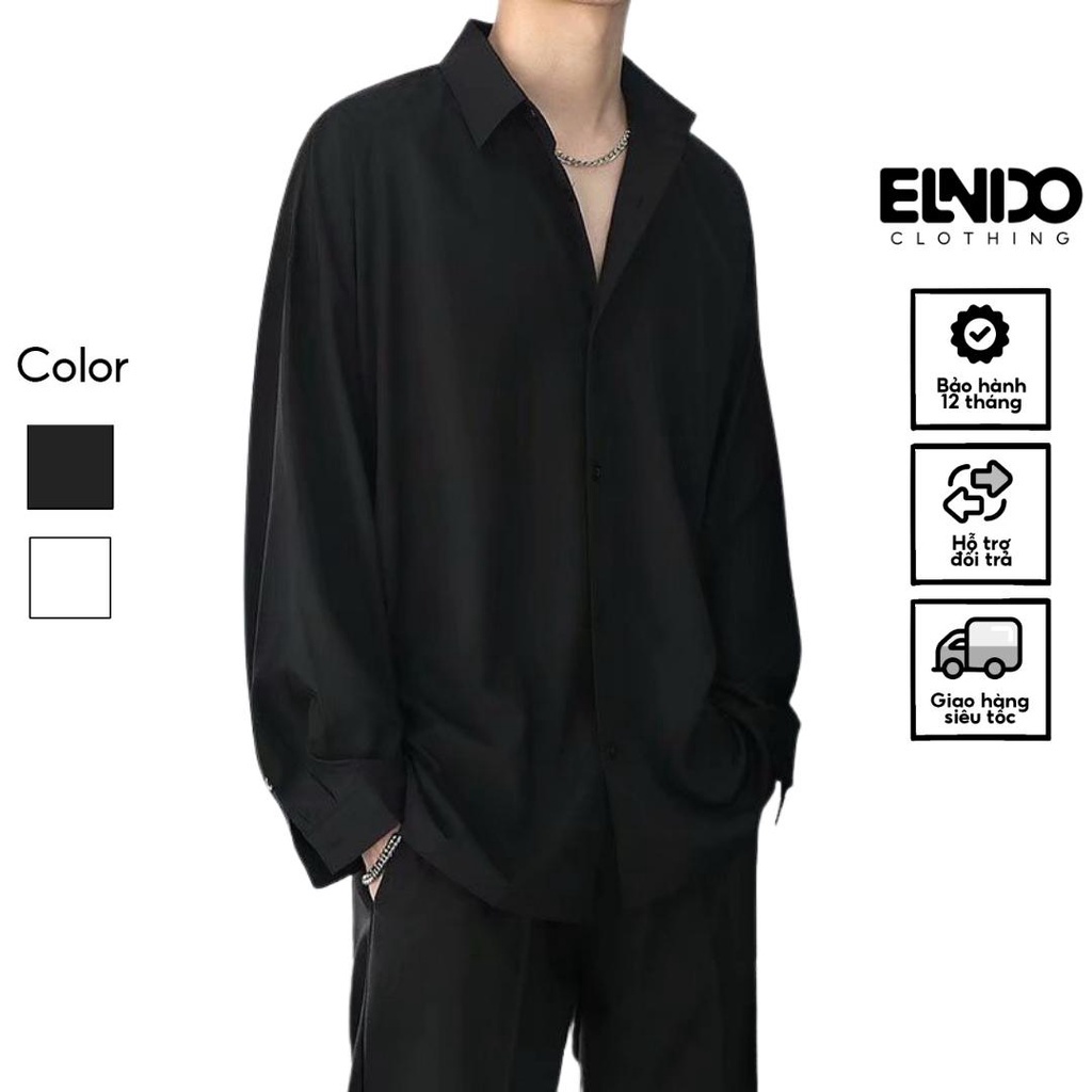 Áo sơ mi nam nữ dài tay Unisex Basic màu trắng và đen sơ mi lụa mịn mát form rộng suông ELNIDO-ED03 | BigBuy360 - bigbuy360.vn