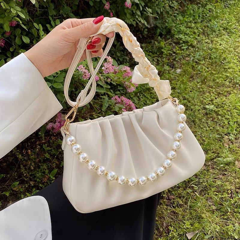 Túi xách nữ kẹp nách đeo chéo phối ngọc và khăn chất da pu cao cấp Zuliashop8386