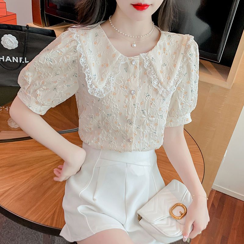 IELGY  Áo Kiểu Tay Phồng Ngắn In Hoa Thời Trang Cho Nữ