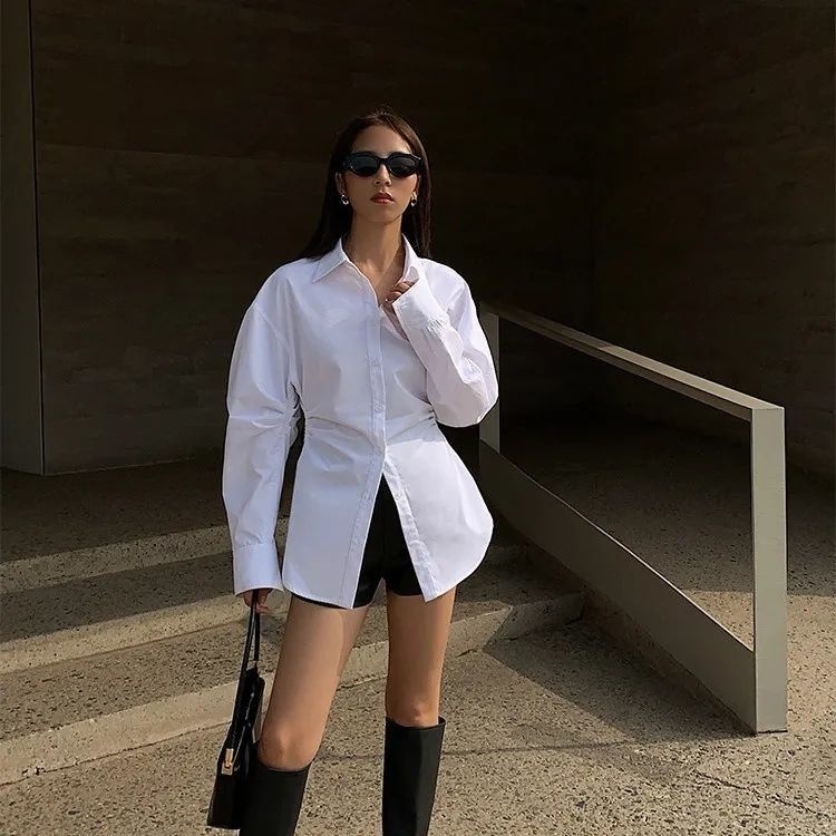 Áo Sơ Mi Trắng Tay Dài Dáng Rộng Phong Cách Hàn Quốc Thời Trang Cho Nữ