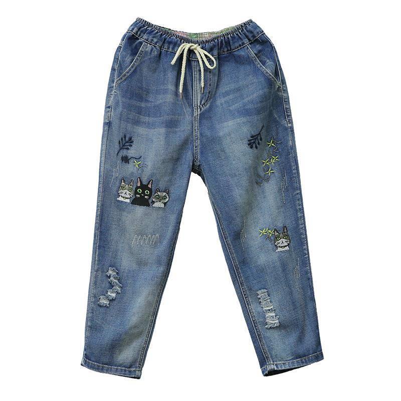 Quần jeans Nữ Lưng Thun Thêu Họa Tiết Phong Cách Retro