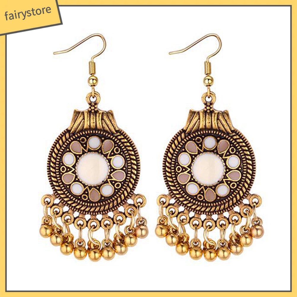 [Fairy1] Bông Tai Móc Xỏ Hạt Mặt Tròn Hoa Tua Rua Phong Cách Dân Tộc Cho Nữ